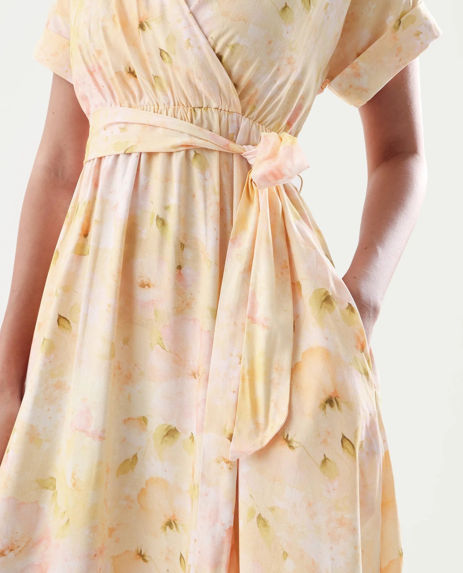 Rareism Women's Elavi Yellow Viscose Overlap Neck Flared Printed Midi Dress - Image 5