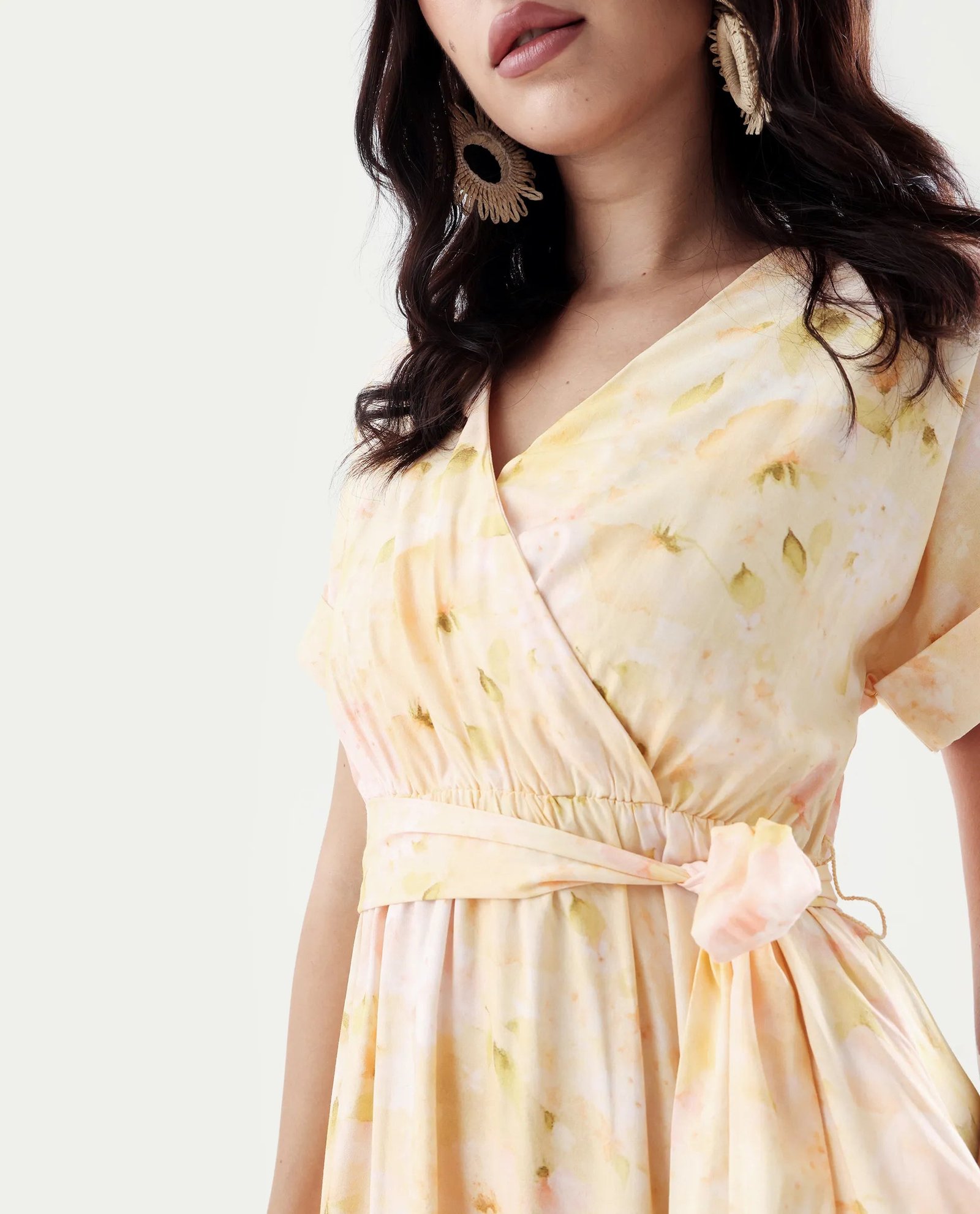 Rareism Women's Elavi Yellow Viscose Overlap Neck Flared Printed Midi Dress - Image 4