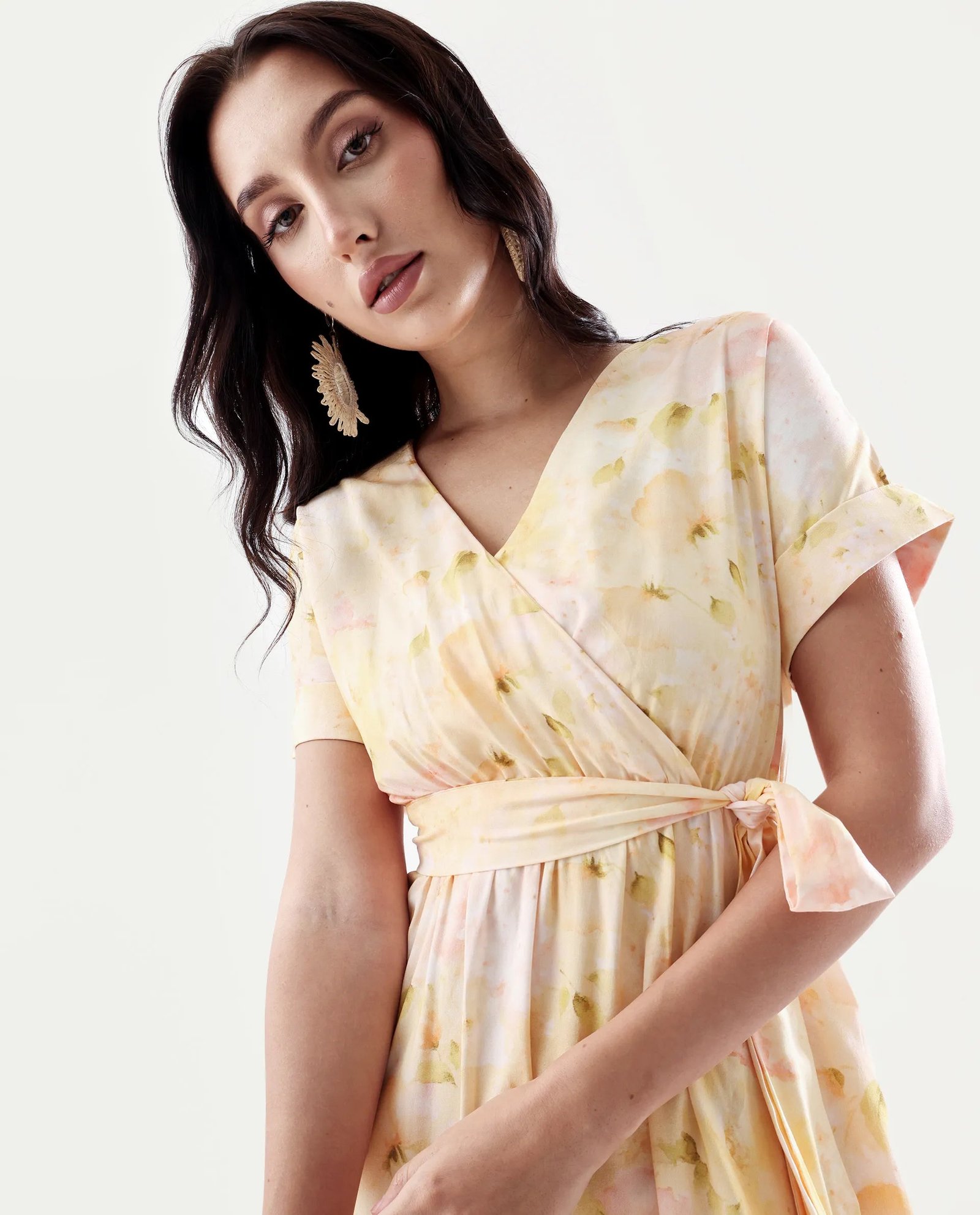 Rareism Women's Elavi Yellow Viscose Overlap Neck Flared Printed Midi Dress - Image 3