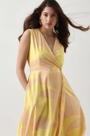 Rareism Women's Elbee Brown Viscose Wrap Neck A-Line Printed Midi Dress