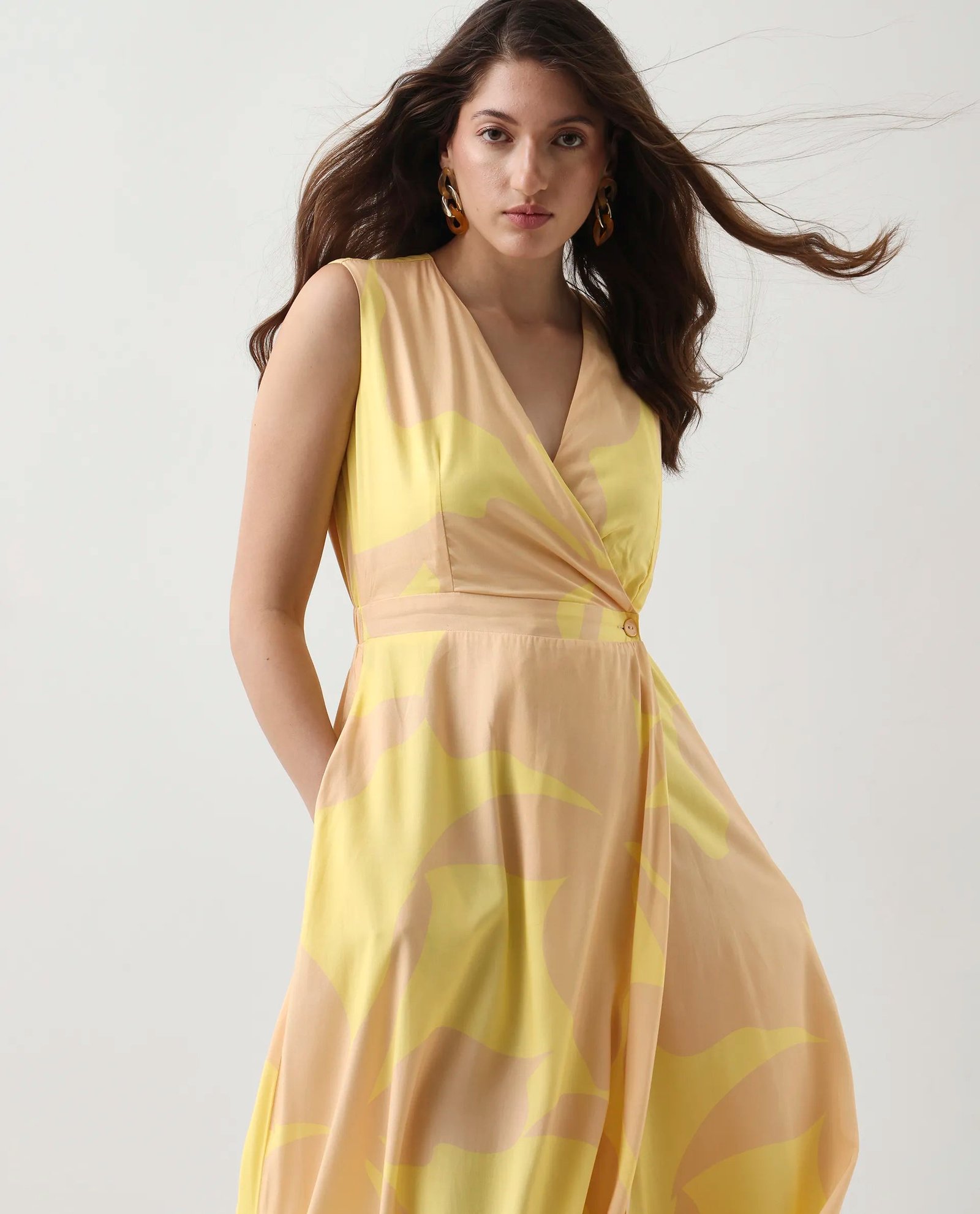 Rareism Women's Elbee Brown Viscose Wrap Neck A-Line Printed Midi Dress