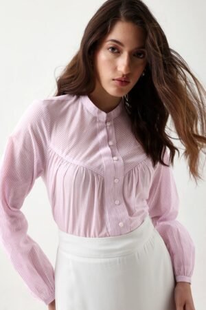 Rareism Women's Nubelo Purple Cotton Blend Mandarin Collar Regular Fit Top