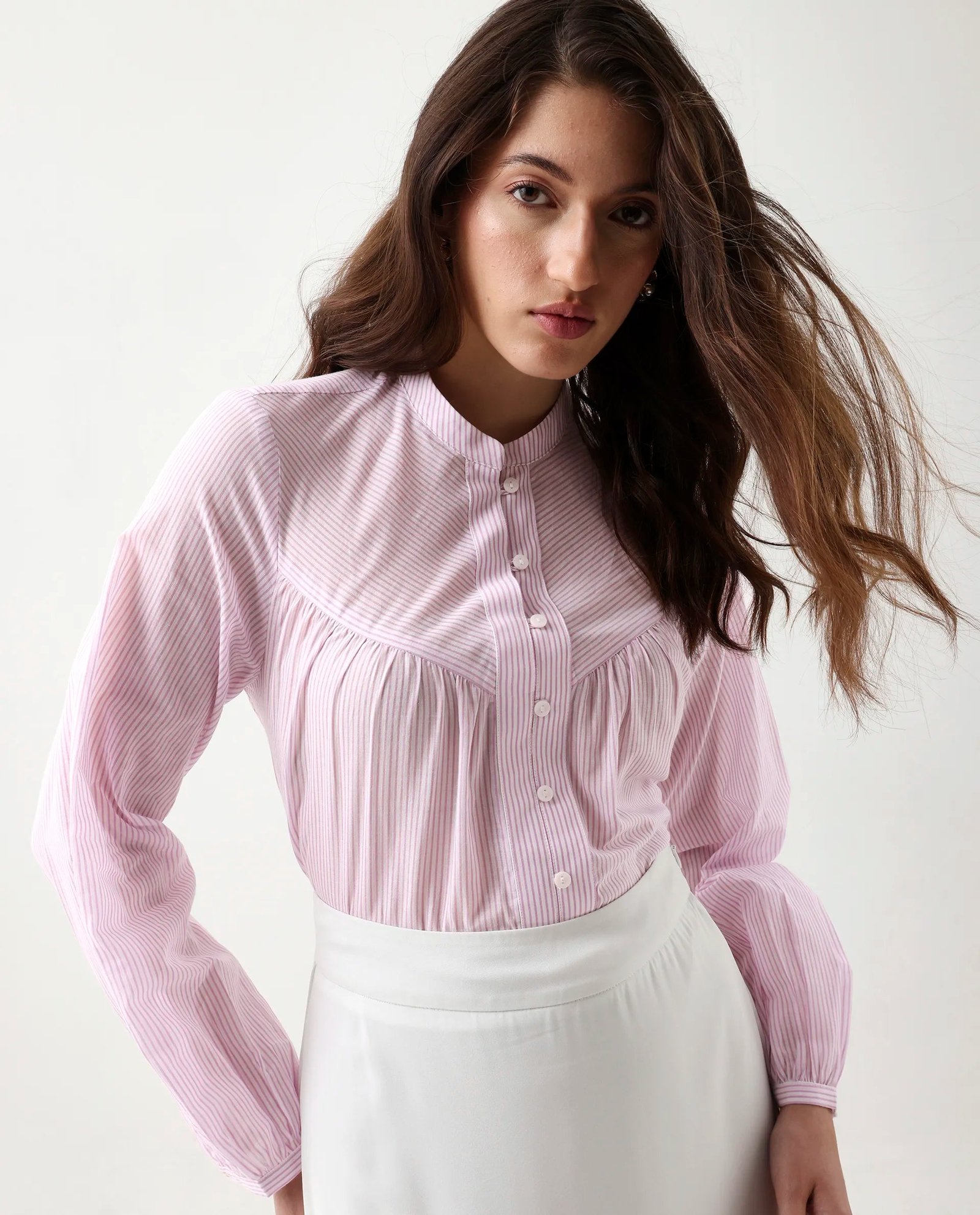 Rareism Women's Nubelo Purple Cotton Blend Mandarin Collar Regular Fit Top